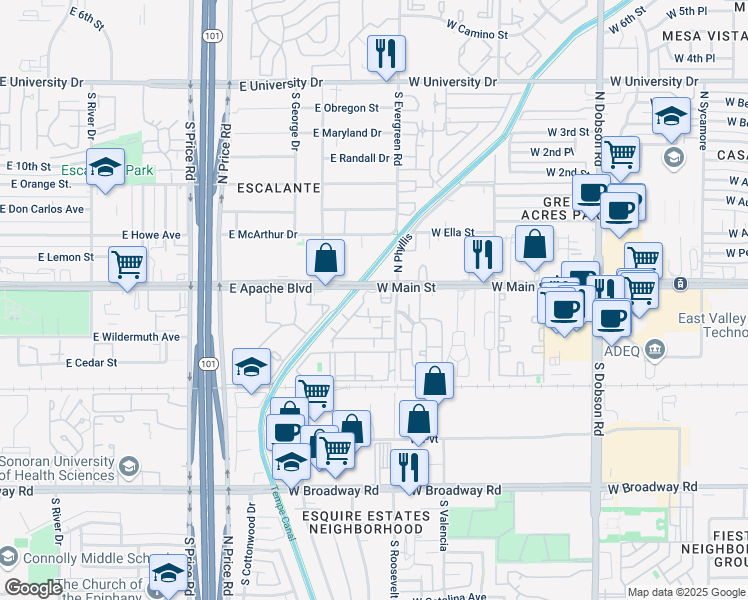 map of restaurants, bars, coffee shops, grocery stores, and more near 28 South Roosevelt Road in Mesa