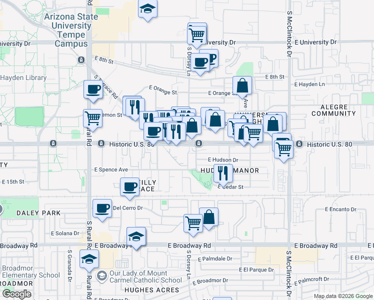 map of restaurants, bars, coffee shops, grocery stores, and more near 1257 East Apache Boulevard in Tempe