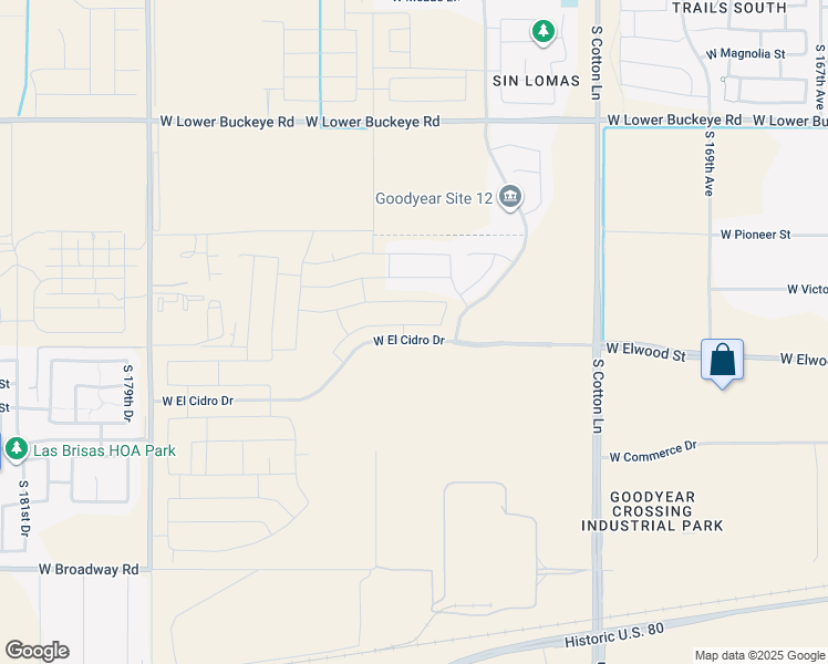map of restaurants, bars, coffee shops, grocery stores, and more near 17420 West Elwood Street in Goodyear