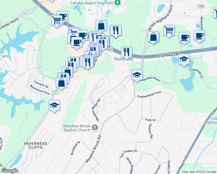 map of restaurants, bars, coffee shops, grocery stores, and more near 1606 Morning Sun Circle in Birmingham