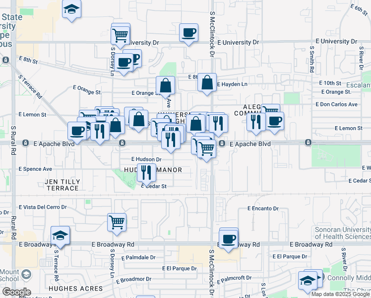 map of restaurants, bars, coffee shops, grocery stores, and more near 1607 South Elm Street in Tempe