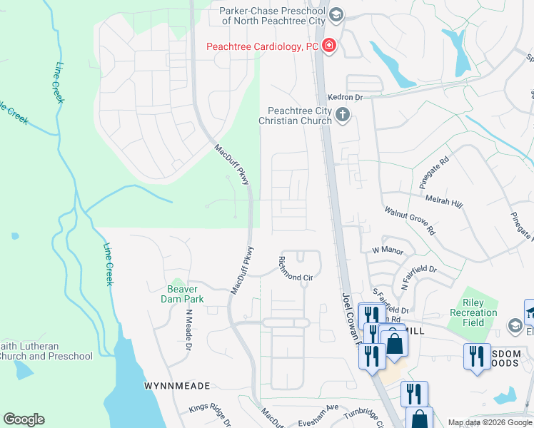 map of restaurants, bars, coffee shops, grocery stores, and more near MacDuff Parkway in Peachtree City