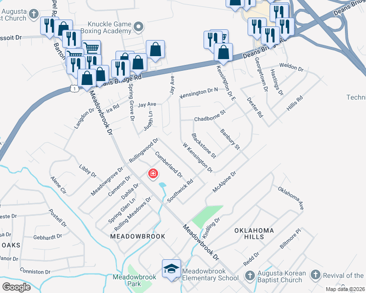 map of restaurants, bars, coffee shops, grocery stores, and more near 2925 Rollingwood Drive in Augusta