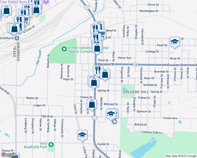 map of restaurants, bars, coffee shops, grocery stores, and more near 1400 Hays Street in Texarkana
