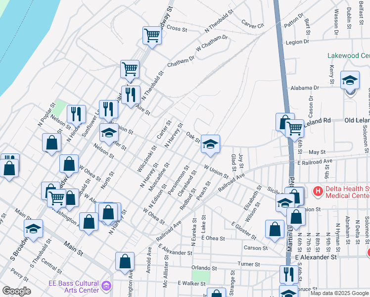 map of restaurants, bars, coffee shops, grocery stores, and more near 506 North Edison Street in Greenville
