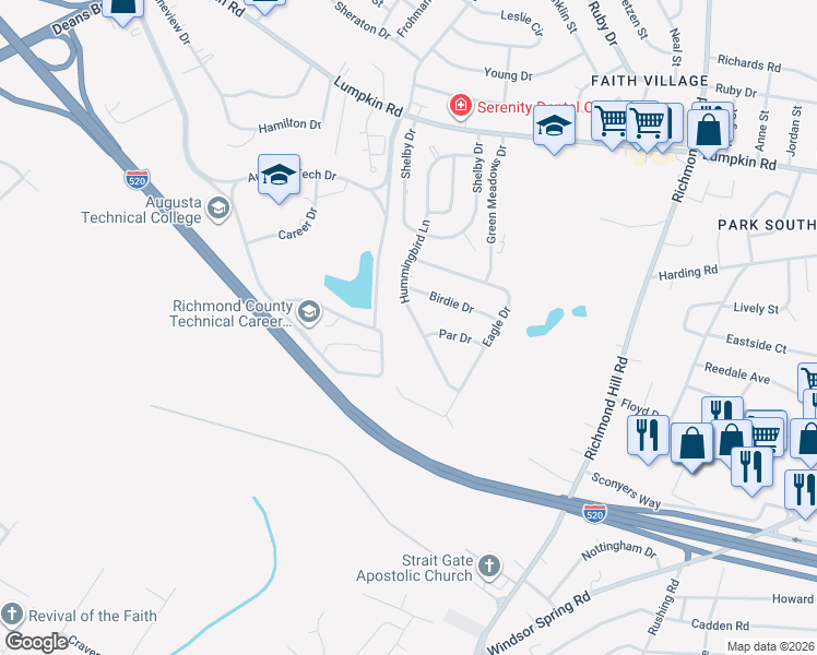 map of restaurants, bars, coffee shops, grocery stores, and more near 3025 Hummingbird Lane in Augusta