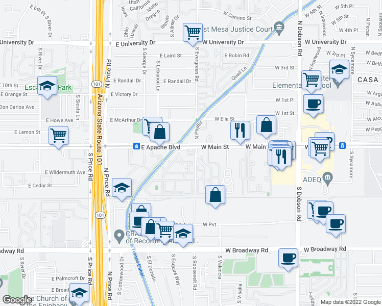 map of restaurants, bars, coffee shops, grocery stores, and more near 28 South Roosevelt Road in Mesa