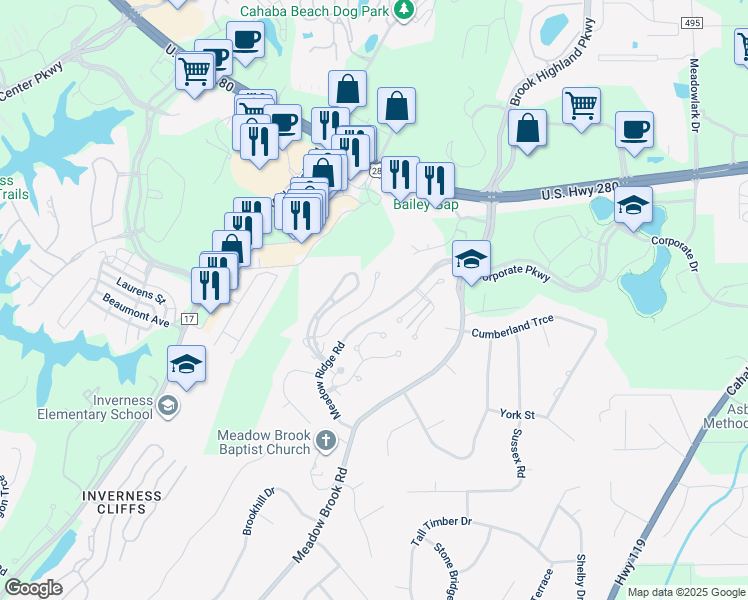 map of restaurants, bars, coffee shops, grocery stores, and more near 1704 Morning Sun Circle in Birmingham