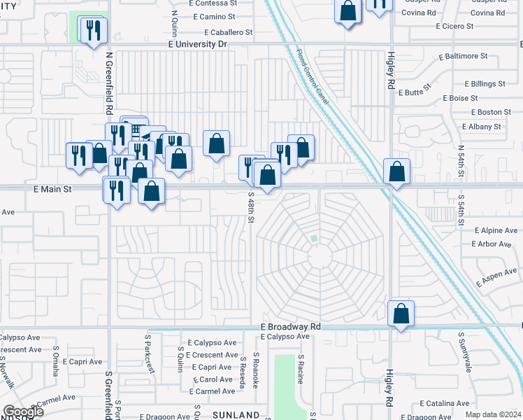 map of restaurants, bars, coffee shops, grocery stores, and more near 51 South 48th Street in Mesa