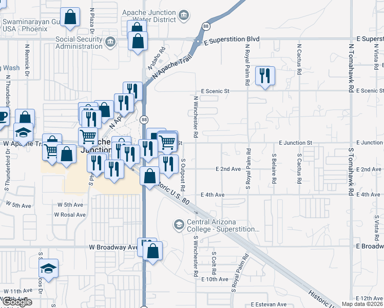 map of restaurants, bars, coffee shops, grocery stores, and more near 88 South Winchester Road in Apache Junction