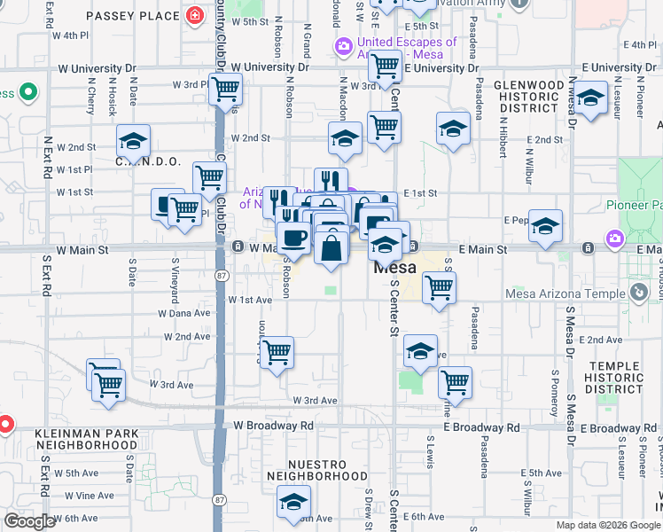 map of restaurants, bars, coffee shops, grocery stores, and more near 34 South Macdonald in Mesa