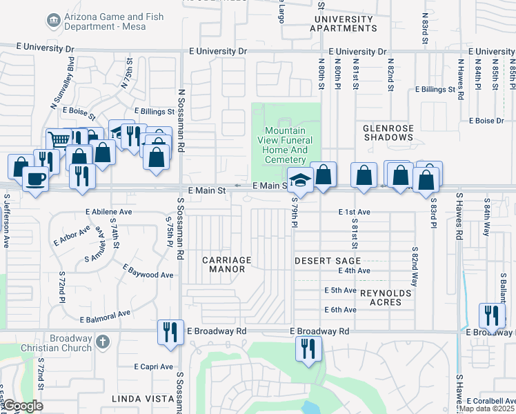 map of restaurants, bars, coffee shops, grocery stores, and more near 7750 East Broadway Road in Mesa