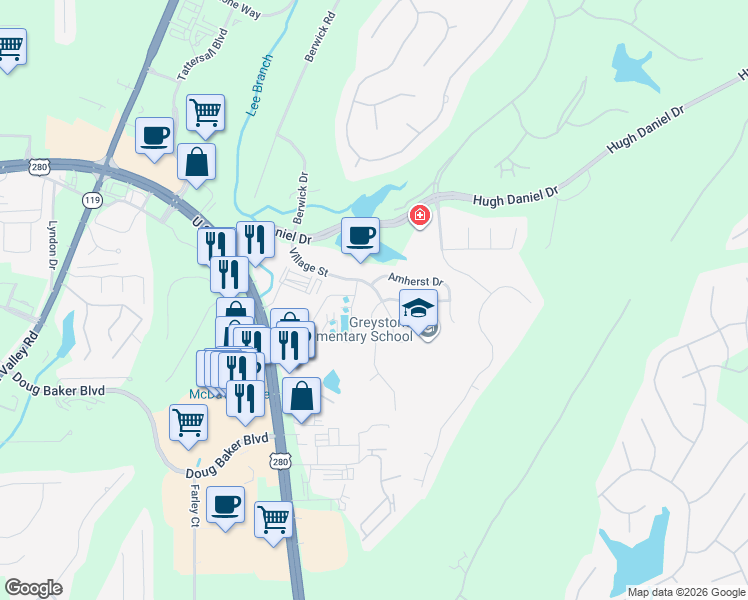 map of restaurants, bars, coffee shops, grocery stores, and more near 474 Eaton Road in Birmingham