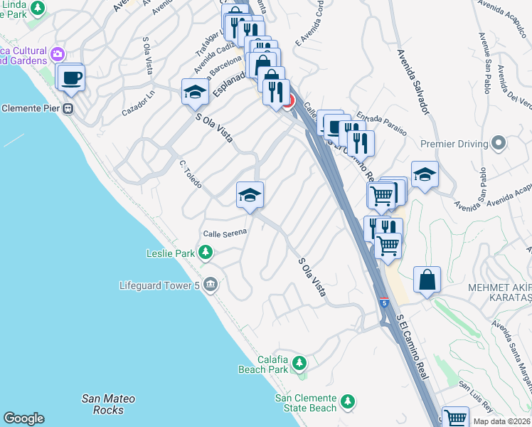 map of restaurants, bars, coffee shops, grocery stores, and more near 1703 South Ola Vista in San Clemente