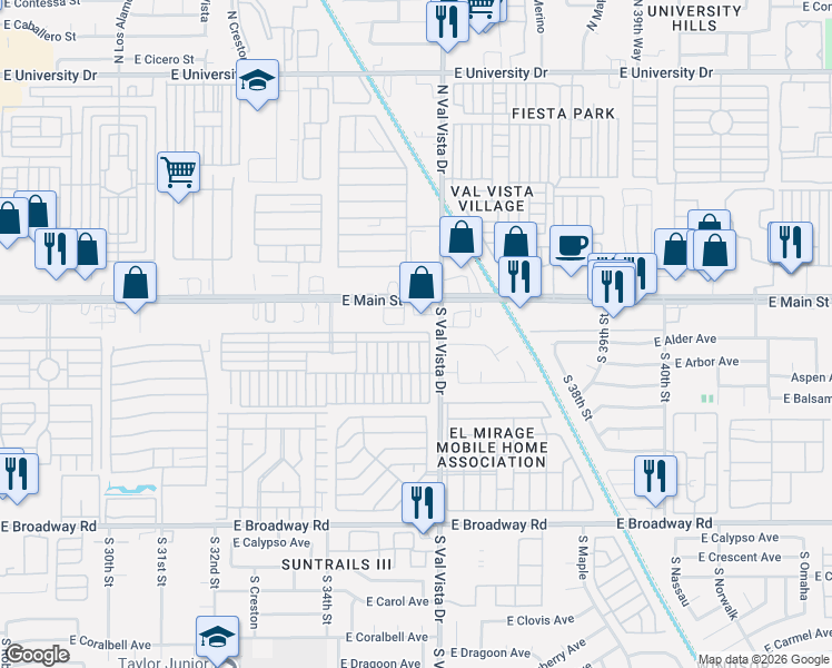 map of restaurants, bars, coffee shops, grocery stores, and more near Mobile Home Park in Mesa