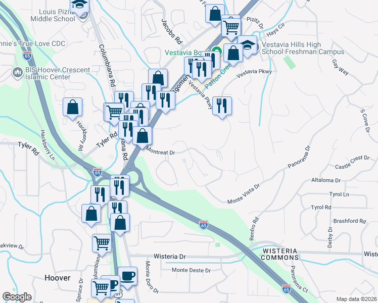 map of restaurants, bars, coffee shops, grocery stores, and more near 2001 Montreat Parkway in Vestavia Hills