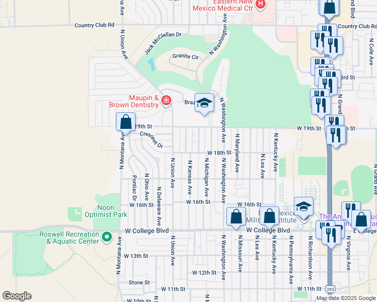 map of restaurants, bars, coffee shops, grocery stores, and more near 1801 North Kansas Avenue in Roswell