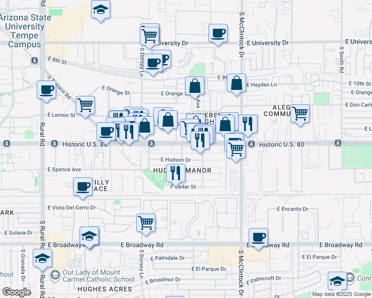map of restaurants, bars, coffee shops, grocery stores, and more near 1520 East Hudson Drive in Tempe