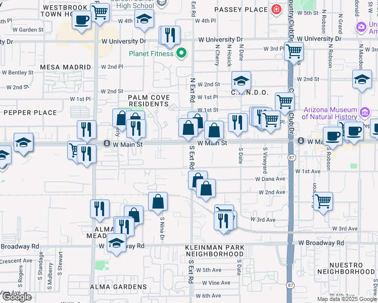 map of restaurants, bars, coffee shops, grocery stores, and more near 4a South Extension Road in Mesa