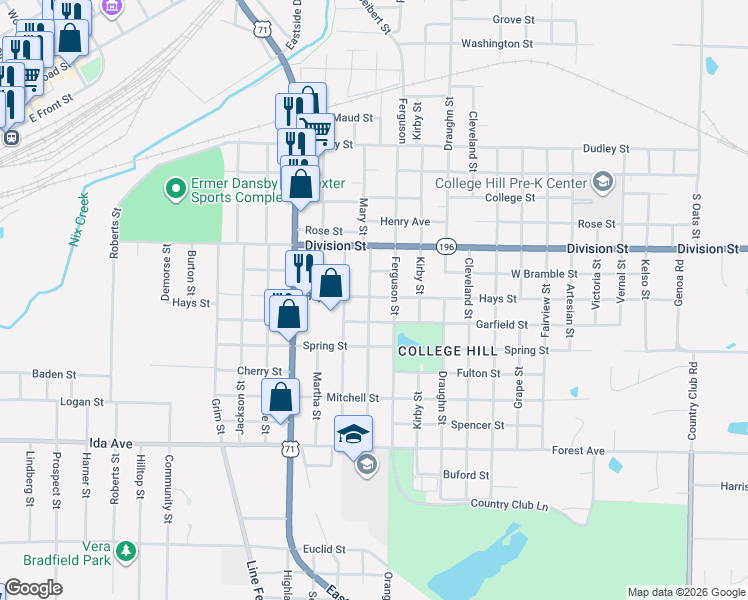 map of restaurants, bars, coffee shops, grocery stores, and more near 705 Mary Street in Texarkana
