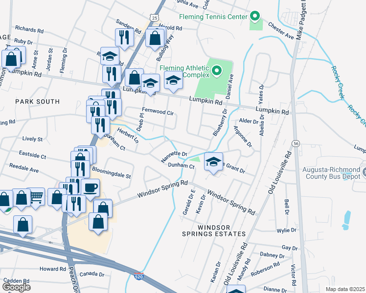 map of restaurants, bars, coffee shops, grocery stores, and more near 2607 Nannette Drive in Augusta