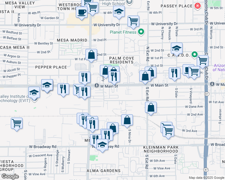 map of restaurants, bars, coffee shops, grocery stores, and more near 1021 West Main Street in Mesa