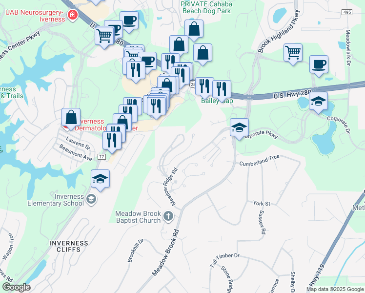 map of restaurants, bars, coffee shops, grocery stores, and more near 216 Morning Sun Drive in Birmingham