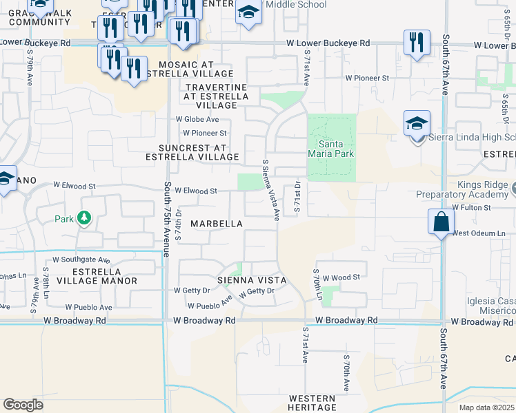 map of restaurants, bars, coffee shops, grocery stores, and more near 7136 West Warner Street in Phoenix