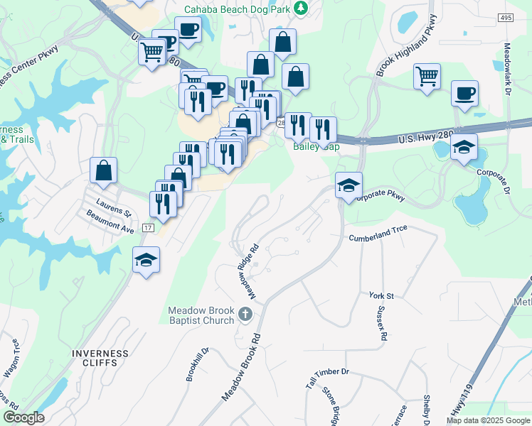 map of restaurants, bars, coffee shops, grocery stores, and more near 216 Morning Sun Drive in Birmingham