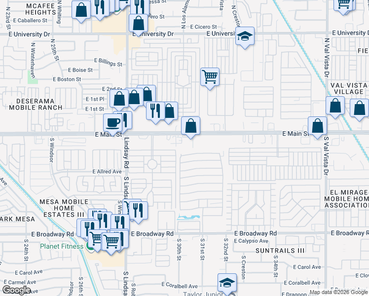 map of restaurants, bars, coffee shops, grocery stores, and more near 3015 East Main Street in Mesa