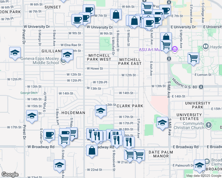 map of restaurants, bars, coffee shops, grocery stores, and more near 1325 South Mitchell Drive in Tempe