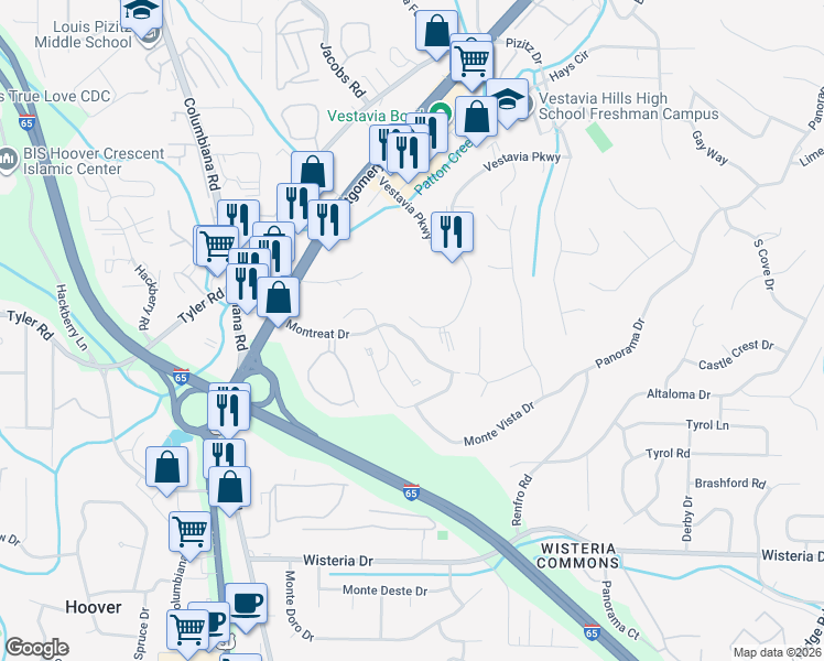 map of restaurants, bars, coffee shops, grocery stores, and more near 2137d Montreat Drive in Vestavia Hills