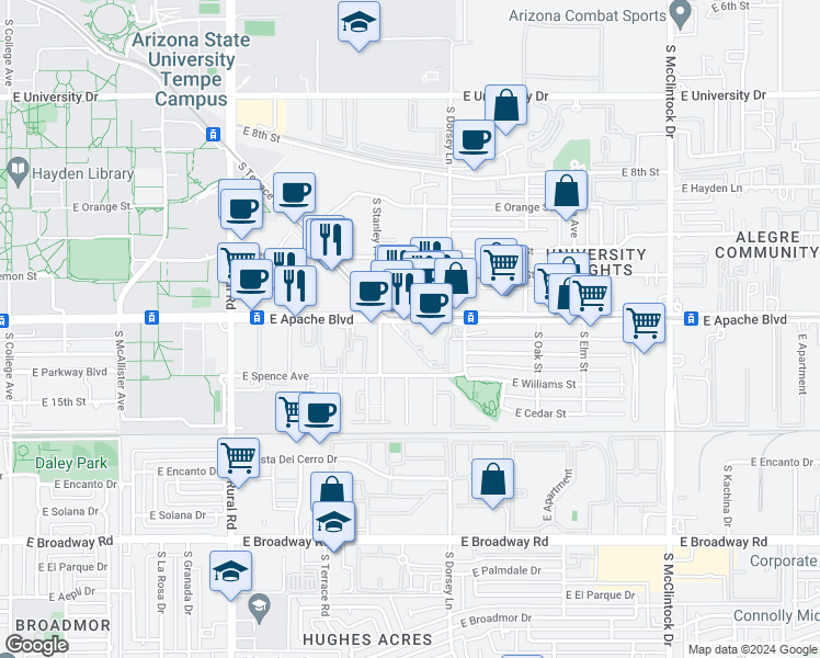 map of restaurants, bars, coffee shops, grocery stores, and more near 1205 East Apache Boulevard in Tempe