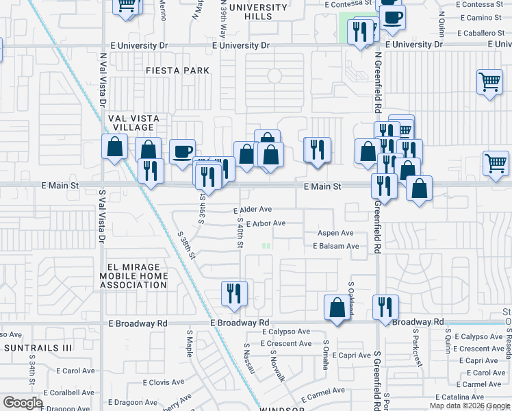 map of restaurants, bars, coffee shops, grocery stores, and more near 4033 East Alder Avenue in Mesa