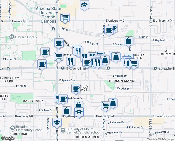 map of restaurants, bars, coffee shops, grocery stores, and more near 1134 East Spence Avenue in Tempe