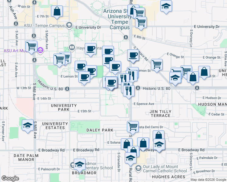 map of restaurants, bars, coffee shops, grocery stores, and more near 681 East Apache Boulevard in Tempe