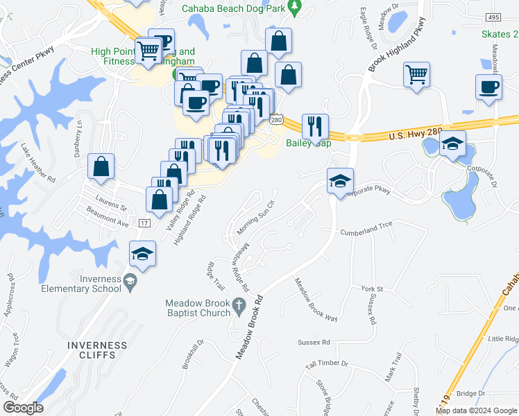 map of restaurants, bars, coffee shops, grocery stores, and more near 216 Morning Sun Drive in Birmingham