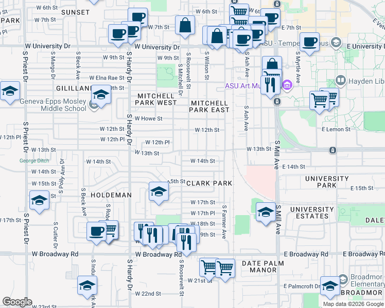 map of restaurants, bars, coffee shops, grocery stores, and more near 510 West 14th Street in Tempe