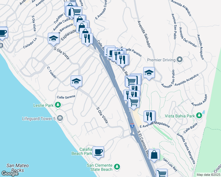 map of restaurants, bars, coffee shops, grocery stores, and more near 140 West Avenida Cornelio in San Clemente