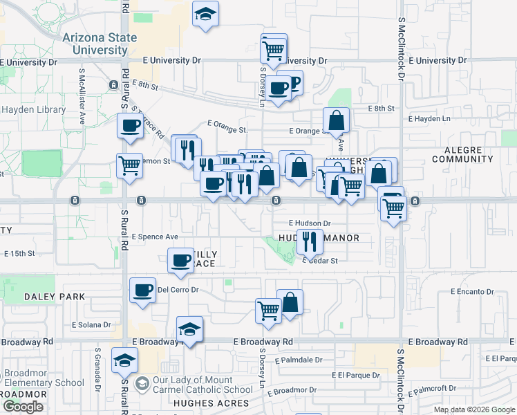 map of restaurants, bars, coffee shops, grocery stores, and more near 1205 East Apache Boulevard in Tempe