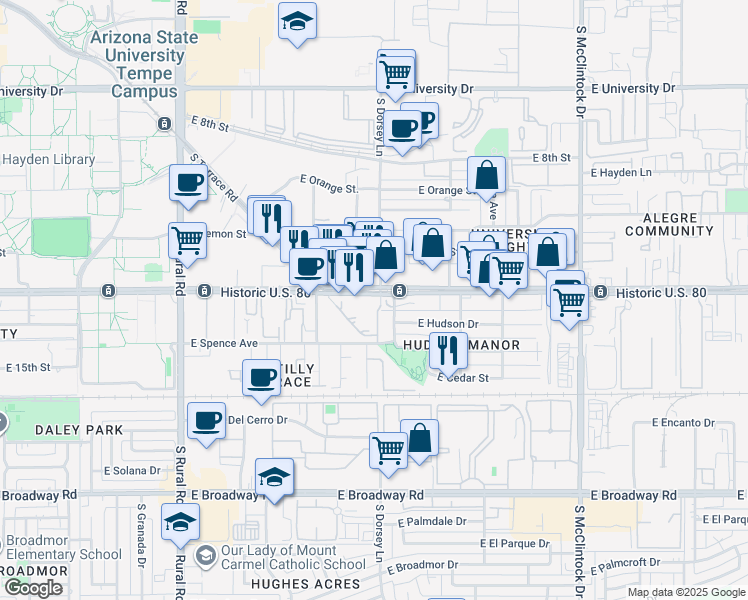map of restaurants, bars, coffee shops, grocery stores, and more near 1257 East Apache Boulevard in Tempe