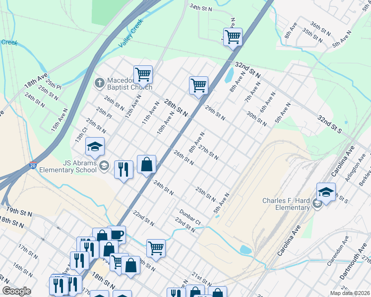 map of restaurants, bars, coffee shops, grocery stores, and more near 2606 8th Avenue North in Bessemer