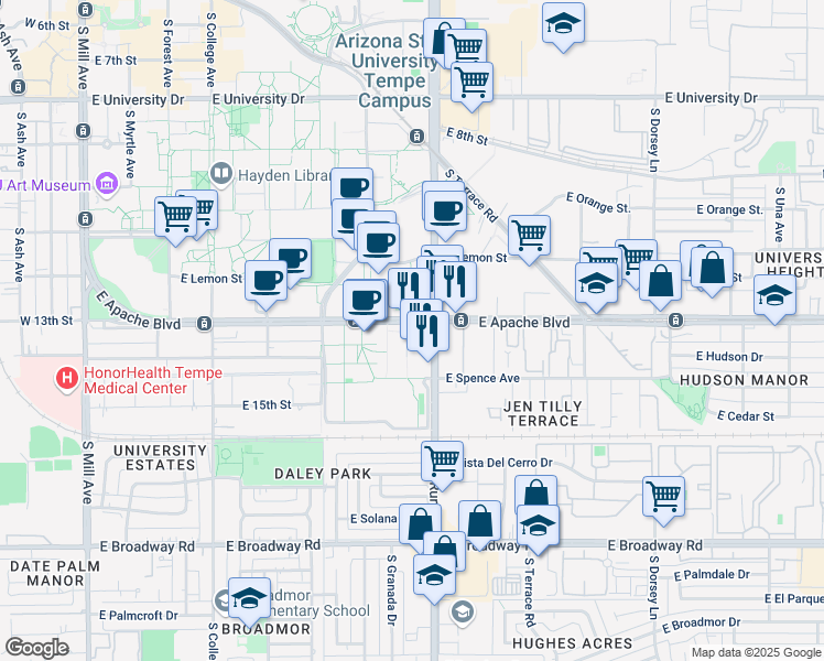 map of restaurants, bars, coffee shops, grocery stores, and more near in Tempe