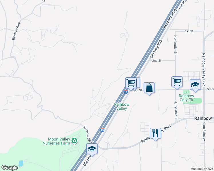 map of restaurants, bars, coffee shops, grocery stores, and more near Lone Oak Lane in Fallbrook
