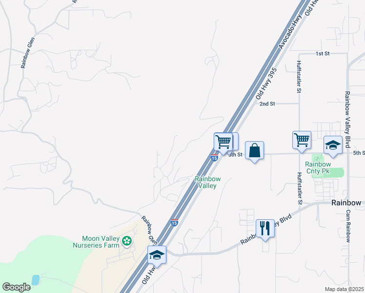 map of restaurants, bars, coffee shops, grocery stores, and more near 4747 Oak Crest Road in Fallbrook