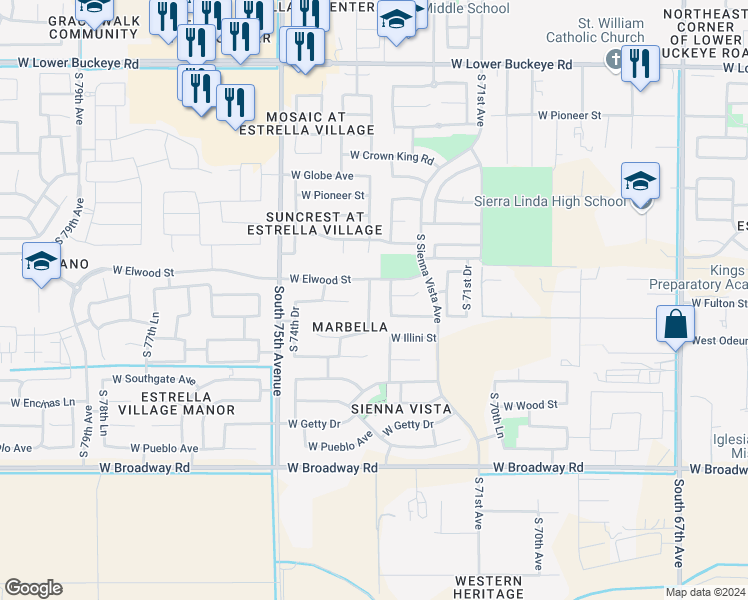 map of restaurants, bars, coffee shops, grocery stores, and more near 3707 South 73rd Drive in Phoenix