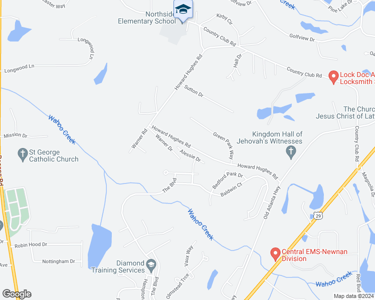 map of restaurants, bars, coffee shops, grocery stores, and more near 145 Alessie Drive in Newnan