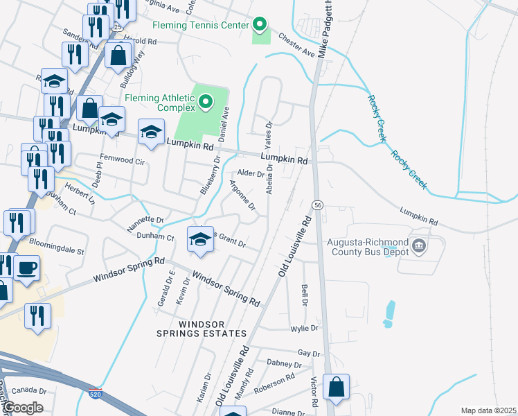 map of restaurants, bars, coffee shops, grocery stores, and more near 2528 Luz Drive in Augusta