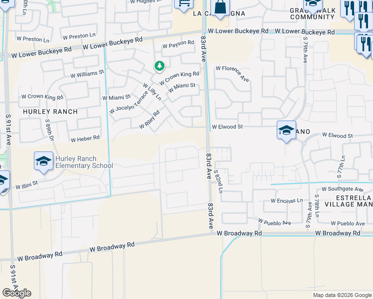map of restaurants, bars, coffee shops, grocery stores, and more near 3606 South 83rd Avenue in Phoenix