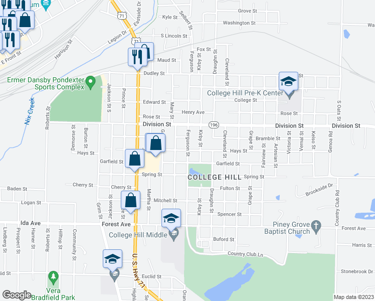 map of restaurants, bars, coffee shops, grocery stores, and more near 1701 Hays Street in Texarkana